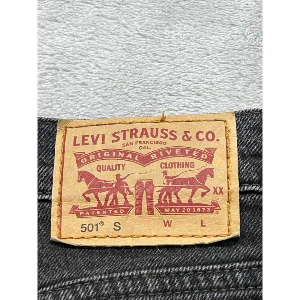 Levis 501 S Jeans Men 26x28 Black Dark Wash Straight Leg Whiskered Grunge Skinny